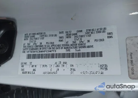 2017 Ford F-150 Xlt из США, поврежденный, VIN 1FTEW1C84HFC04773